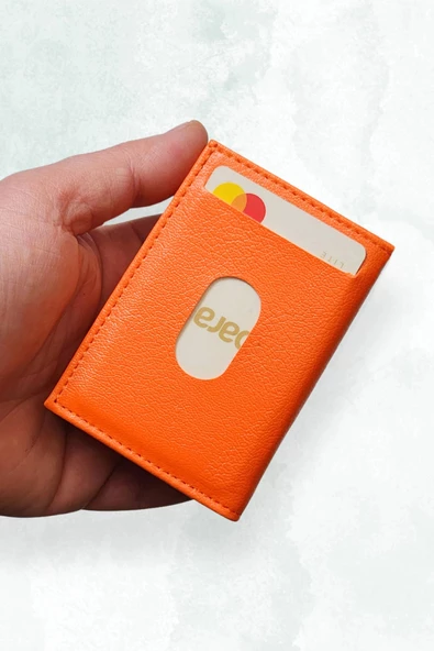 Süper İnce Minimal Unisex Çıtçıtlı Turuncu Deri Cüzdan Kartlık Portföy
