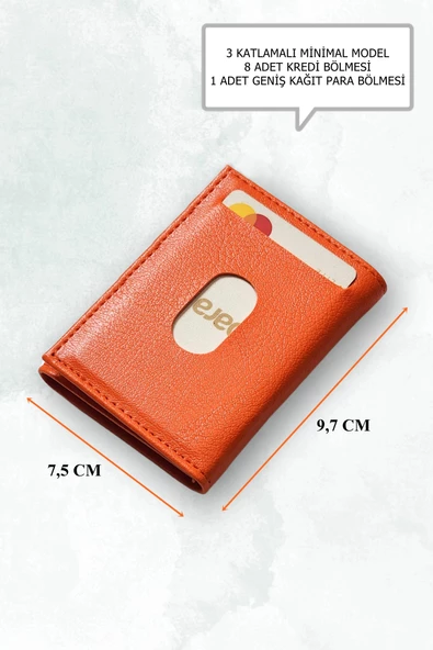 Süper İnce Minimal Unisex Çıtçıtlı Turuncu Deri Cüzdan Kartlık Portföy - 5