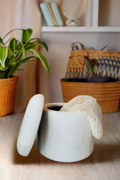 Framgan Sandıklı Puf - Teddy Peluş - Kırık Beyaz Renk - Ayak Uzatma Pufu - Makyaj Masası Pufu