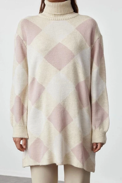 Kadın Modern Tarz Rahat Uzun Balıkçı Yaka Ekose Kareli Kol Regular Triko Kazak - Resim 5