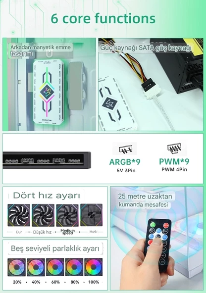SNOWMAN ARGB 5V 3 PİN + PWM 12V 4 PİN FAN ÇOKLAYICI - 6