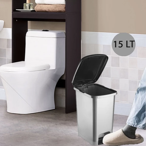 Ergonomik Pedallı Plastik Çöp Kovası ( iç kovasız) Metal Gri - 12