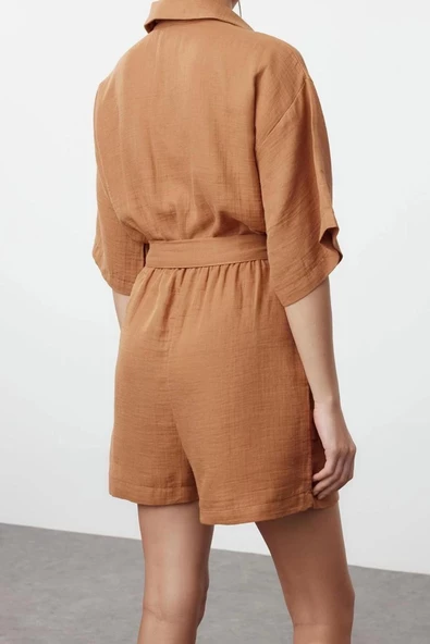 Kadın Moda Düşük Kol Geniş Paça Gömlek Yaka Düz Desen Kısa Kiremit Kuşaklı Dokuma Müslin Tulum - 6