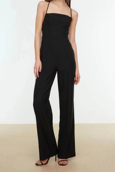 Kadın Moda Standart Kol Geniş Paça Kare Yaka Düz Desen Regular Dokuma Tulum - 3