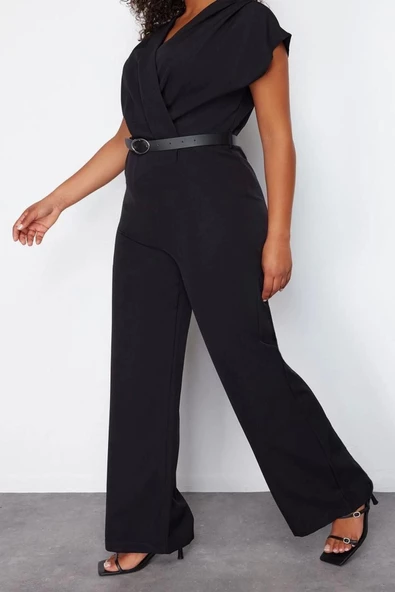 Büyük Beden Kadın Moda Standart Kol Regular Bisiklet Yaka Düz Desen Uzun Kemerli Dokuma Tulum - 2