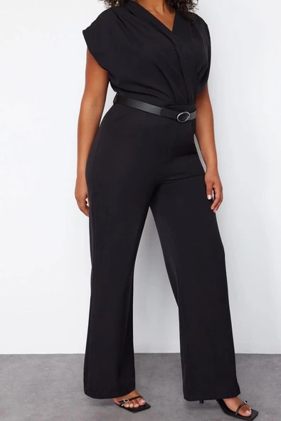 Büyük Beden Kadın Moda Standart Kol Regular Bisiklet Yaka Düz Desen Uzun Kemerli Dokuma Tulum - 4