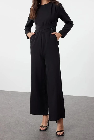 Tesettür Kadın Moda Geniş Paça Bisiklet Yaka Uzun Aksesuar Detaylı Kruvaze Kesim Dokuma Tulum - 3
