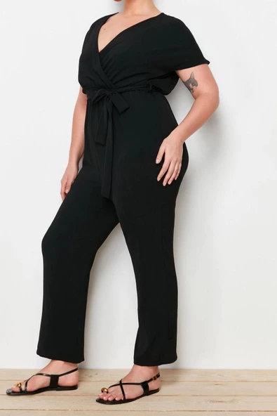 Büyük Beden Kadın Moda Düşük Kol Regular Kruvaze Düz Desen Uzun Kemerli Tulum - 3