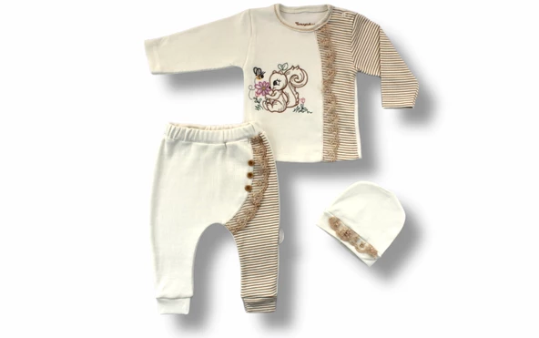3-6 6-9 9-12 Ay Minik Sincap Nakışlı Şapkalı Uzun Kollu Sweatli 3lü Kız Bebek Takımı
