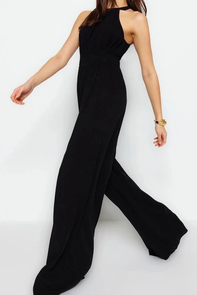 Kadın Moda Reglan Kol Boru Paça Halter Yaka Uzun Beli Büzgü Detaylı Geniş Paça Maxi Dokuma Tulum - 2