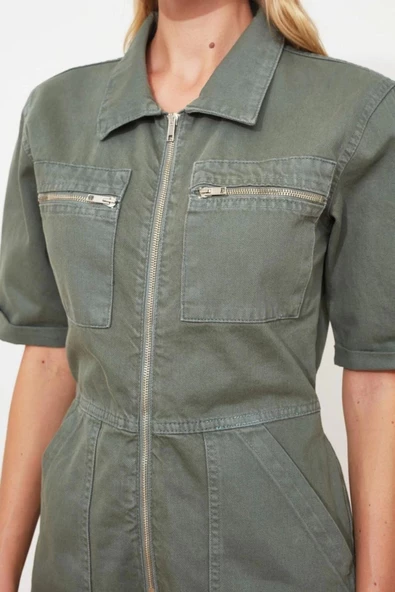 Kadın Moda Standart Kol Geniş Paça Ceket Yaka Düz Desen Kısa Beli Lastikli Denim Şort Tulum - 3