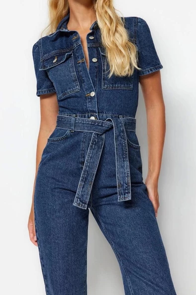 Kadın Moda Standart Kol Boru Paça Ceket Yaka Düz Desen Uzun Kemerli Denim Tulum - 3