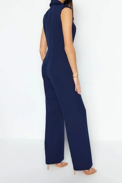 Kadın Moda Standart Kol Geniş Paça Ceket Yaka Düz Desen Uzun Ceket Yakalı Düğme Detaylı Dokuma Tulum - 5