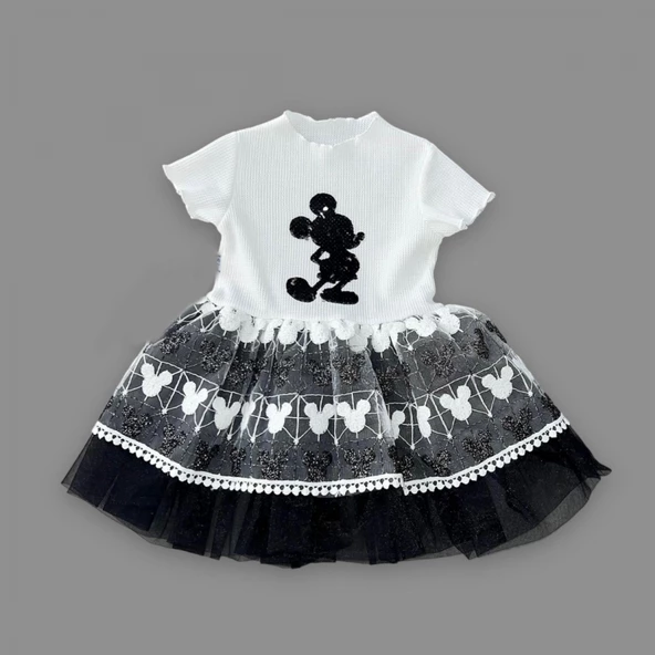 1-2-3 Yaş Payetli Mickey Baskılı Brode Etekli Kız Bebek Elbisesi - 2