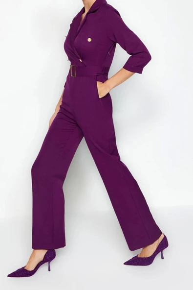 Kadın Moda Standart Kol Dar Paça Ceket Yaka Düz Desen Uzun Kemerli Kruvaze Yaka Dokuma Tulum - 4