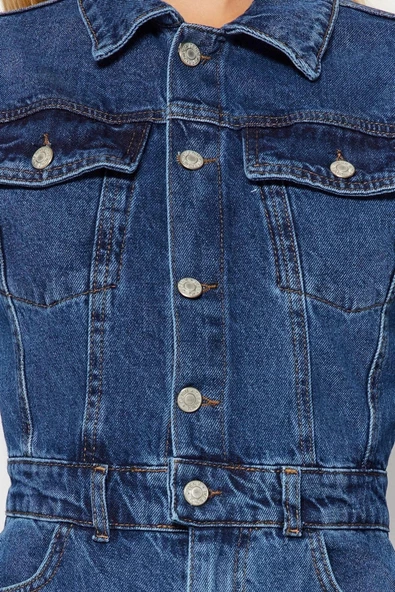 Kadın Moda Standart Kol Dar Paça Ceket Yaka Regular Dikiş Detaylı Denim Tulum - 5