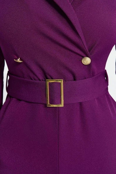 Kadın Moda Standart Kol Dar Paça Ceket Yaka Düz Desen Uzun Kemerli Kruvaze Yaka Dokuma Tulum - 5