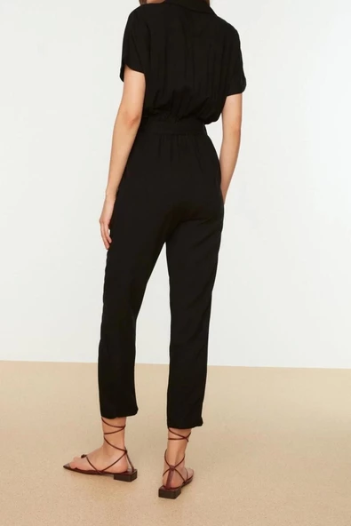 Kadın Moda Standart Kol Boru Paça Kruvaze Düz Desen Uzun Kuşaklı Dokuma Uzun Dökümlü Tulum - 4