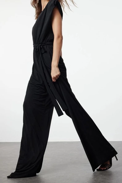 Kadın Moda Standart Kol Geniş Paça Kruvaze Düz Desen Regular V Yaka Kuşaklı Örme Tulum - 3
