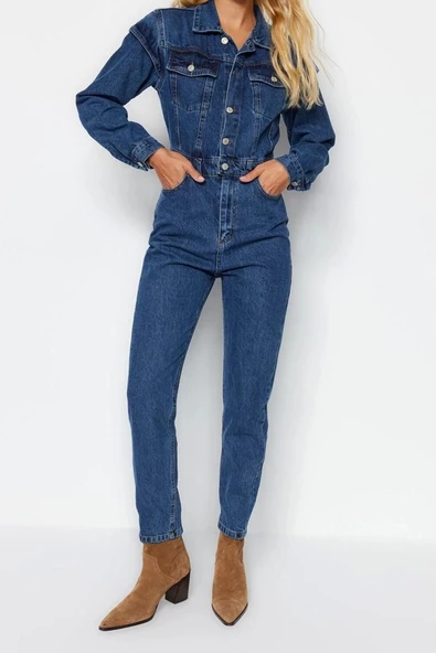 Kadın Moda Standart Kol Dar Paça Ceket Yaka Regular Dikiş Detaylı Denim Tulum - 2