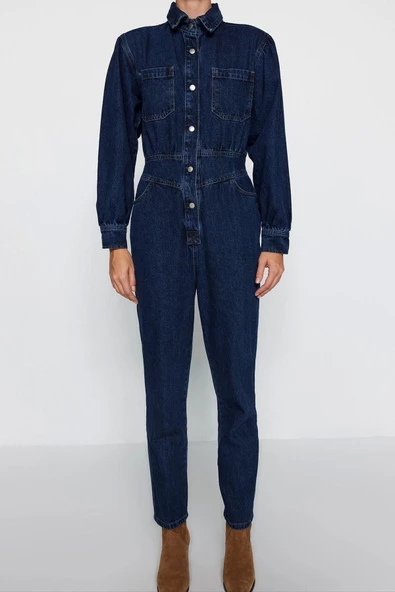 Kadın Moda Standart Kol Dar Paça Ceket Yaka Düz Desen Uzun Balon Kollu Denim Tulum
