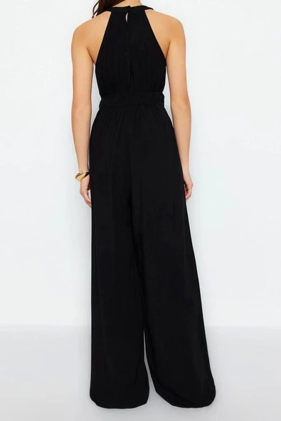 Kadın Moda Reglan Kol Boru Paça Halter Yaka Uzun Beli Büzgü Detaylı Geniş Paça Maxi Dokuma Tulum - 6