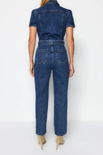 Kadın Moda Standart Kol Boru Paça Ceket Yaka Düz Desen Uzun Kemerli Denim Tulum - 6
