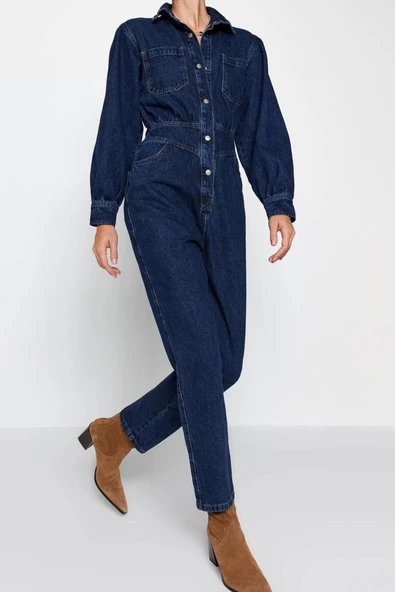 Kadın Moda Standart Kol Dar Paça Ceket Yaka Düz Desen Uzun Balon Kollu Denim Tulum - 2