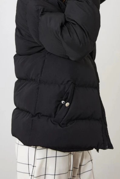 Tasarım Düz Astarlı Yaka Standart Oversize Dik Kadın Dik Yaka Su İtici Kışlık Şişme Mont - 2