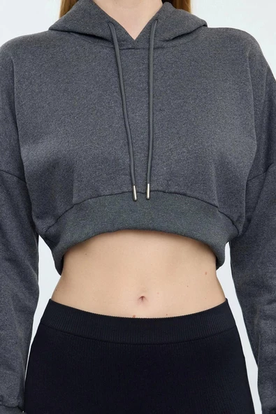 Tarz Regular Kapüşonlu Düşük Kol Crop Pamuklu Crop İçi Polarlı Örme Spor Sweatshirt - 3
