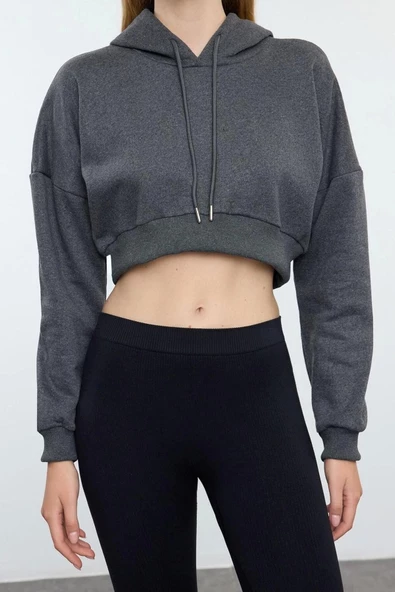 Tarz Regular Kapüşonlu Düşük Kol Crop Pamuklu Crop İçi Polarlı Örme Spor Sweatshirt - 5