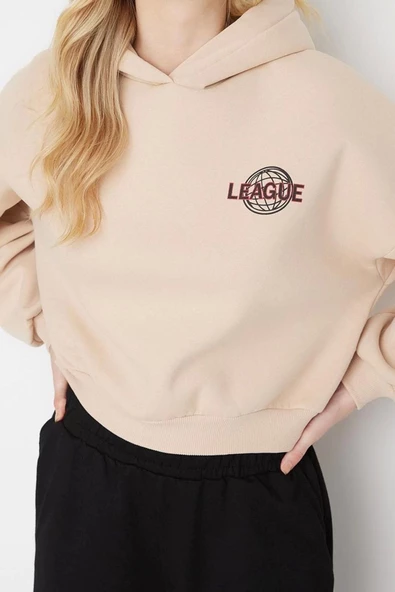 Tarz Relaxed Kapüşonlu Düşük Kol Crop Sırt Baskı Detaylı Kalın İçi Polarlı Örme Sweatshirt - 2