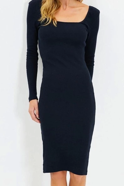 Moda Stil Slim Kare Yaka Midi Boy Vücuda Oturan Uzun Kollu Fitilli Esnek Örme Elbise - 1