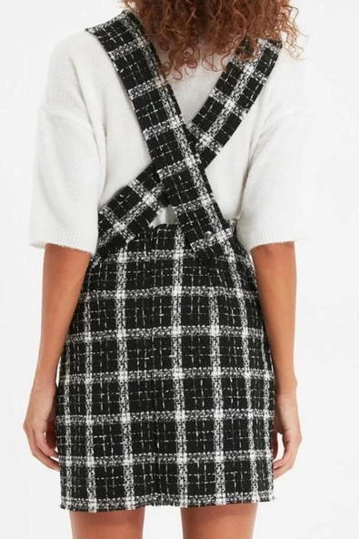 Moda Stil Regular Kare Yaka Mini Boy Askılı Dokuma Elbise - 5