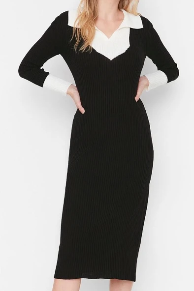 Moda Slim Casual Günlük Fitilli Triko Polo Yaka Uzun Kol Bodycone Midi Boy Elbise