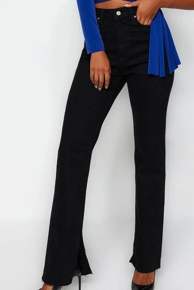 Stil Kadın Moda Denim Kot Pantolon Regular Boru Paça Yırtmaçlı Yüksek Bel Jeans