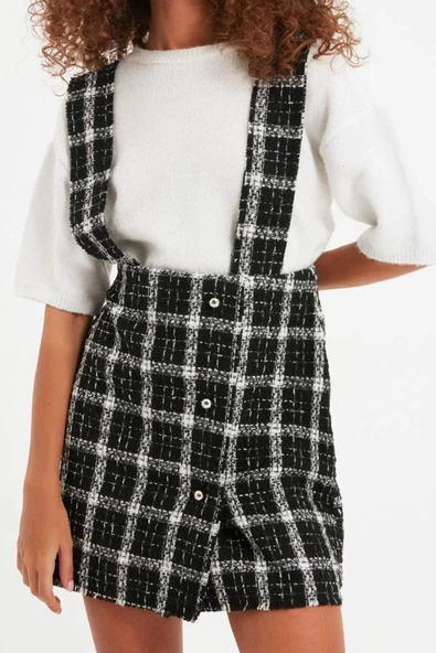 Moda Stil Regular Kare Yaka Mini Boy Askılı Dokuma Elbise - 3