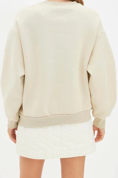 Bisiklet Yaka Balon Kol Kalın İçi Polarlı Minimal Baskılı Balon Kol Örme Sweatshirt - 4