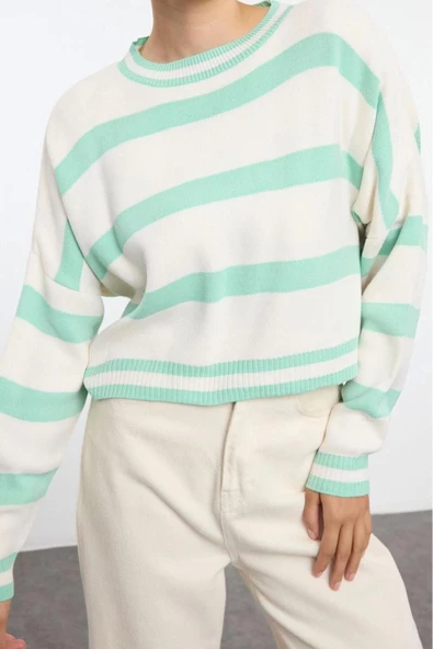 Stil Modern Kadın Crop Düşük Kol Bisiklet Yaka Çizgili Triko Kazak