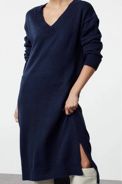 Moda Stil Oversize V Yaka Maxi Boy Triko Geniş Kalıp Elbise
