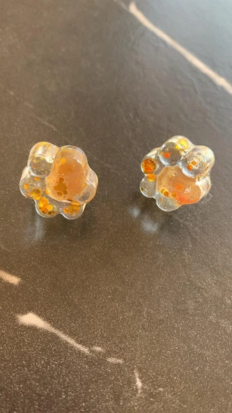 Şeffaf İçinde Gold Glitterli Kedi Köpek Pati Şekil Küpe Gold Aksesuarlı El Yapımı - Resim 7