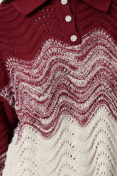 Stil Modern Kadın Crop Standart Kol Polo Yaka Mücevher Düğmeli Triko Kazak - 5