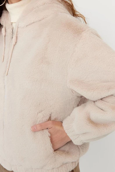 Tasarım Düz Astarlı Yaka Standart Regular Kapüşonlu Kadın Oversize Kapüşonlu Peluş Mont - 2