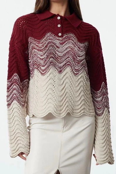 Stil Modern Kadın Crop Standart Kol Polo Yaka Mücevher Düğmeli Triko Kazak