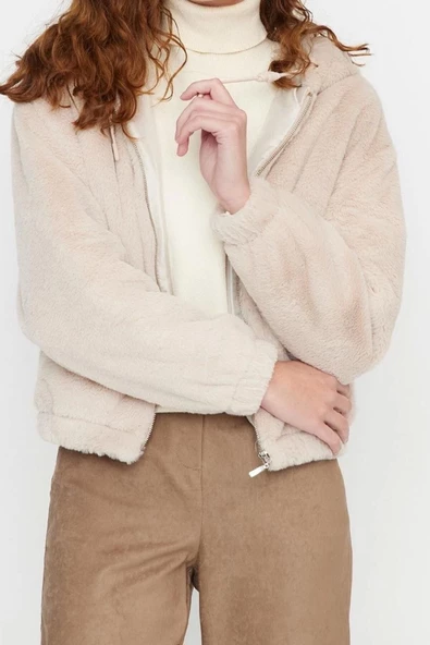Tasarım Düz Astarlı Yaka Standart Regular Kapüşonlu Kadın Oversize Kapüşonlu Peluş Mont - 3