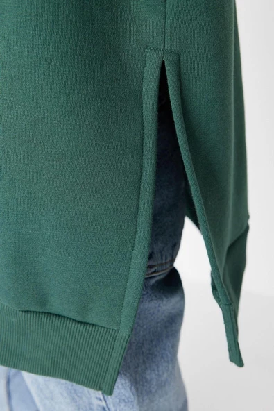 Oversize Bisiklet Yaka Düşük Kol Uzun Geniş Kalıp Yırtmaç Kalın İçi Polarlı Örme Sweatshirt - 4