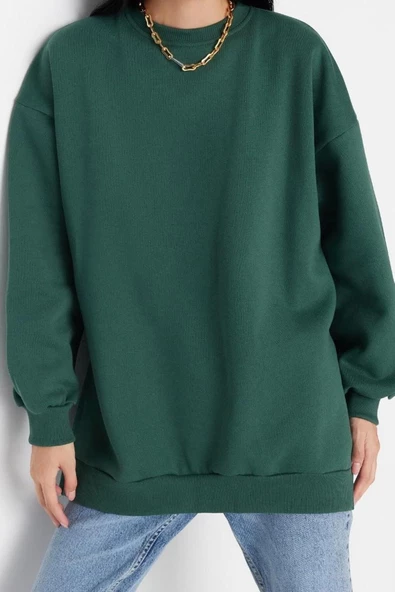 Oversize Bisiklet Yaka Düşük Kol Uzun Geniş Kalıp Yırtmaç Kalın İçi Polarlı Örme Sweatshirt - 3