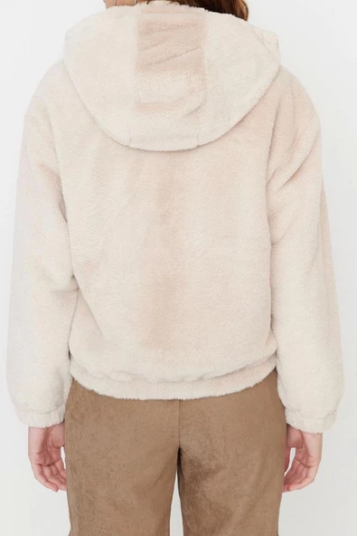 Tasarım Düz Astarlı Yaka Standart Regular Kapüşonlu Kadın Oversize Kapüşonlu Peluş Mont - 4
