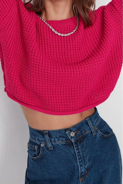 Stil Modern Kadın Crop Düşük Kol Bisiklet Yaka Geniş Kalıp Triko Kazak