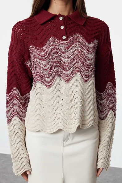 Stil Modern Kadın Crop Standart Kol Polo Yaka Mücevher Düğmeli Triko Kazak - 2